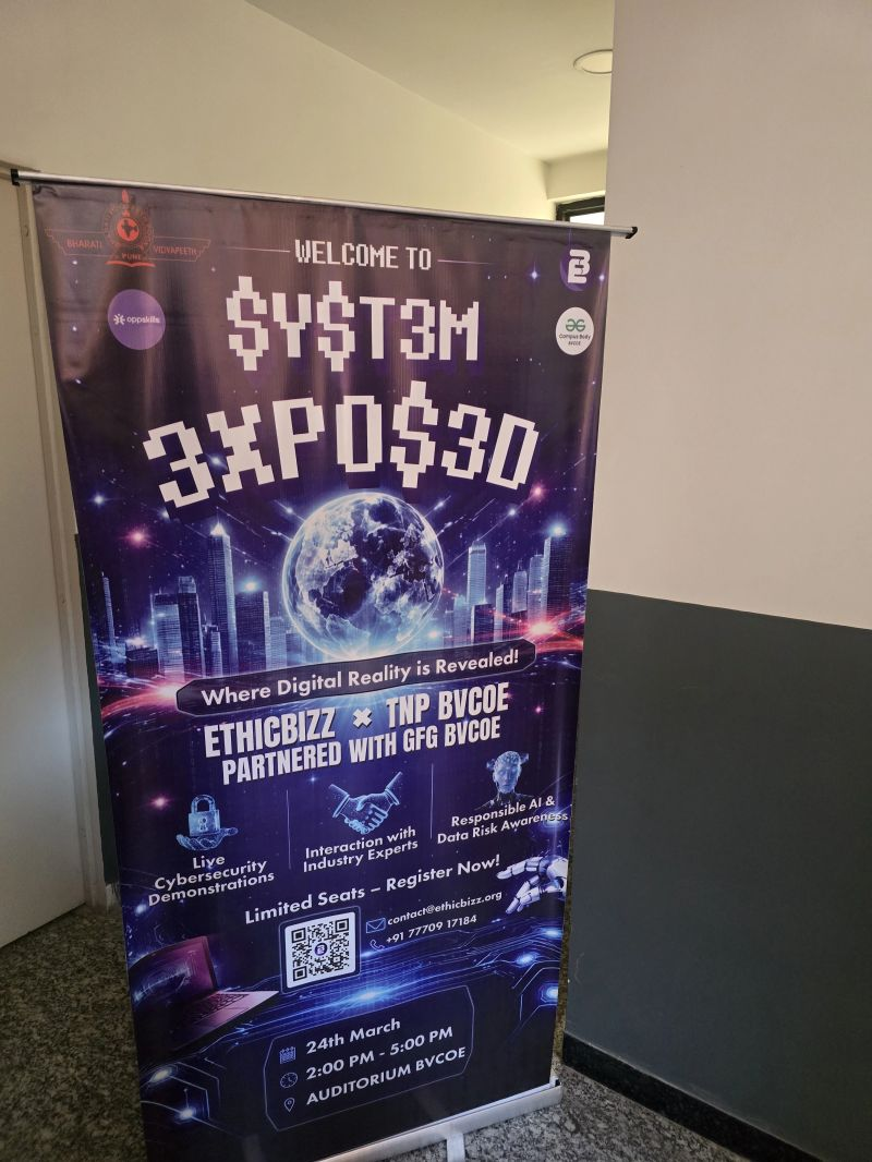 EthicBizz x TNP BVCOE System Exposed cybersecurity event standee banner — Auditorium BVCOE, 24th March